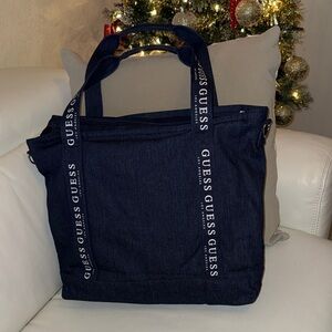 Guess Navy Blue Denim Tote with Logo Straps